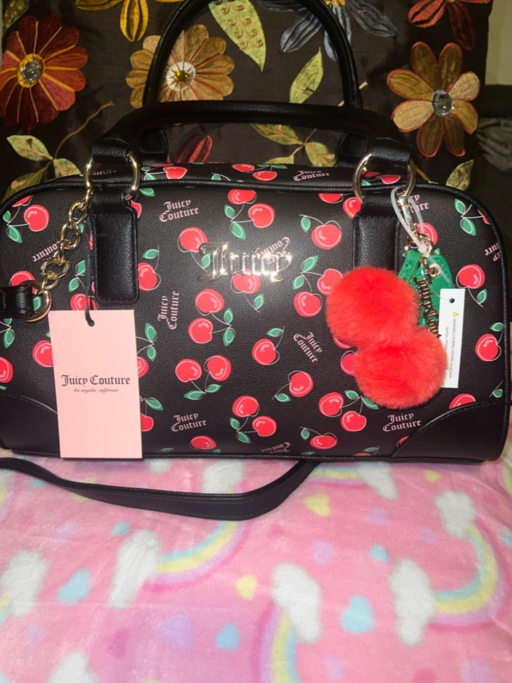 Juicy Couture Black Cherry Print Satchel with Red Pom Charm